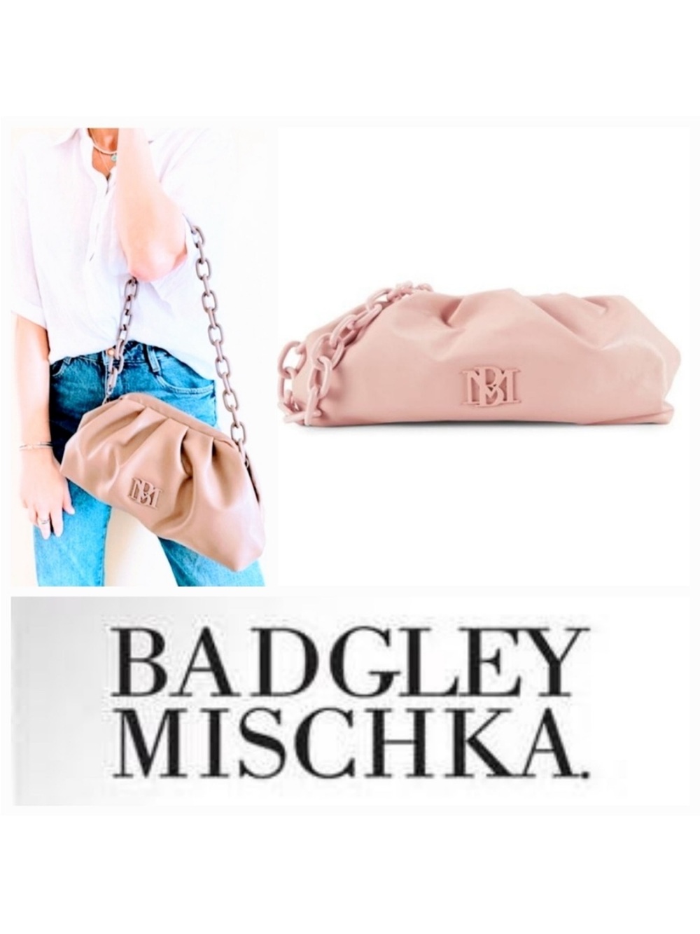 *RARE* Blush Pink Badgley Mischka vegan leather chunky chain convertible clutch - Picture 11 of 16
